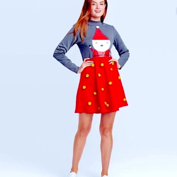 Christmas dress embellished santa golden pom poms red and gray fleece lined - Picture 8 of 8